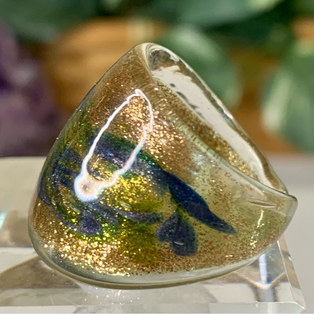 Murano Style Solid Glass Ring Hand Blown Artisan Dome Blue Green Swirl Sz 7 VTG - Picture 3 of 10